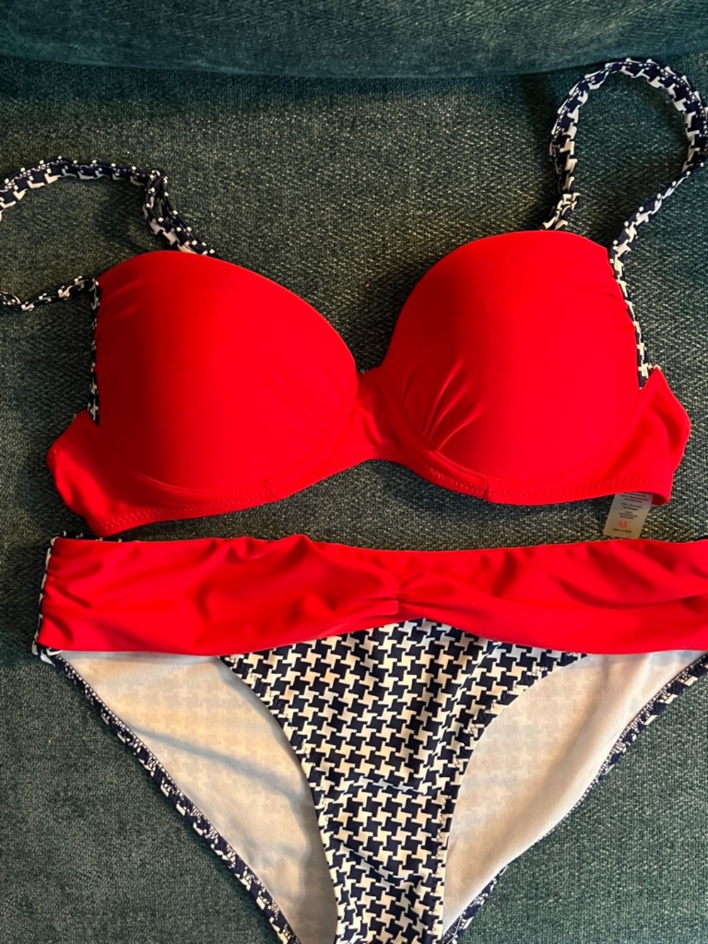 Women’s Red Padded Bikini Set with Navy Houndstooth Trim